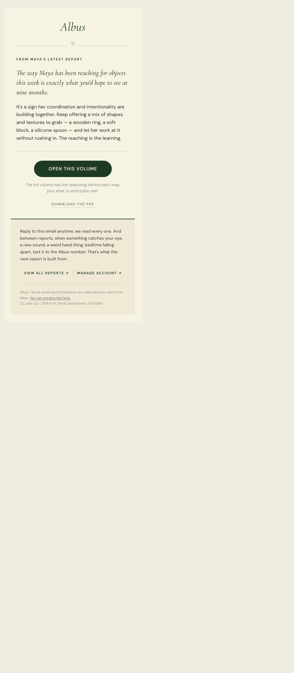 A nudge email from Albus showing an eyebrow reading 'From Maya's latest report', a serif italic lead sentence, and a forest-green 'Open this volume' button