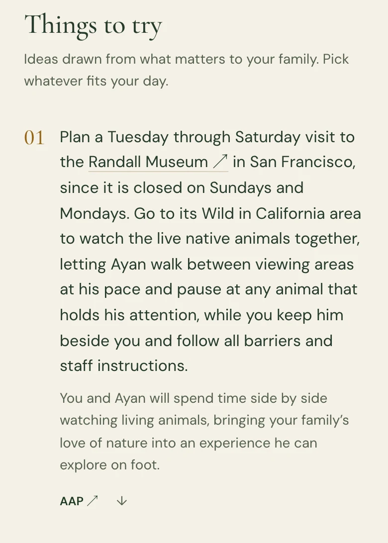 A "Things to try" idea in an Albus report: plan a visit to the Randall Museum in San Francisco to watch the live native animals together, with the museum name linked.