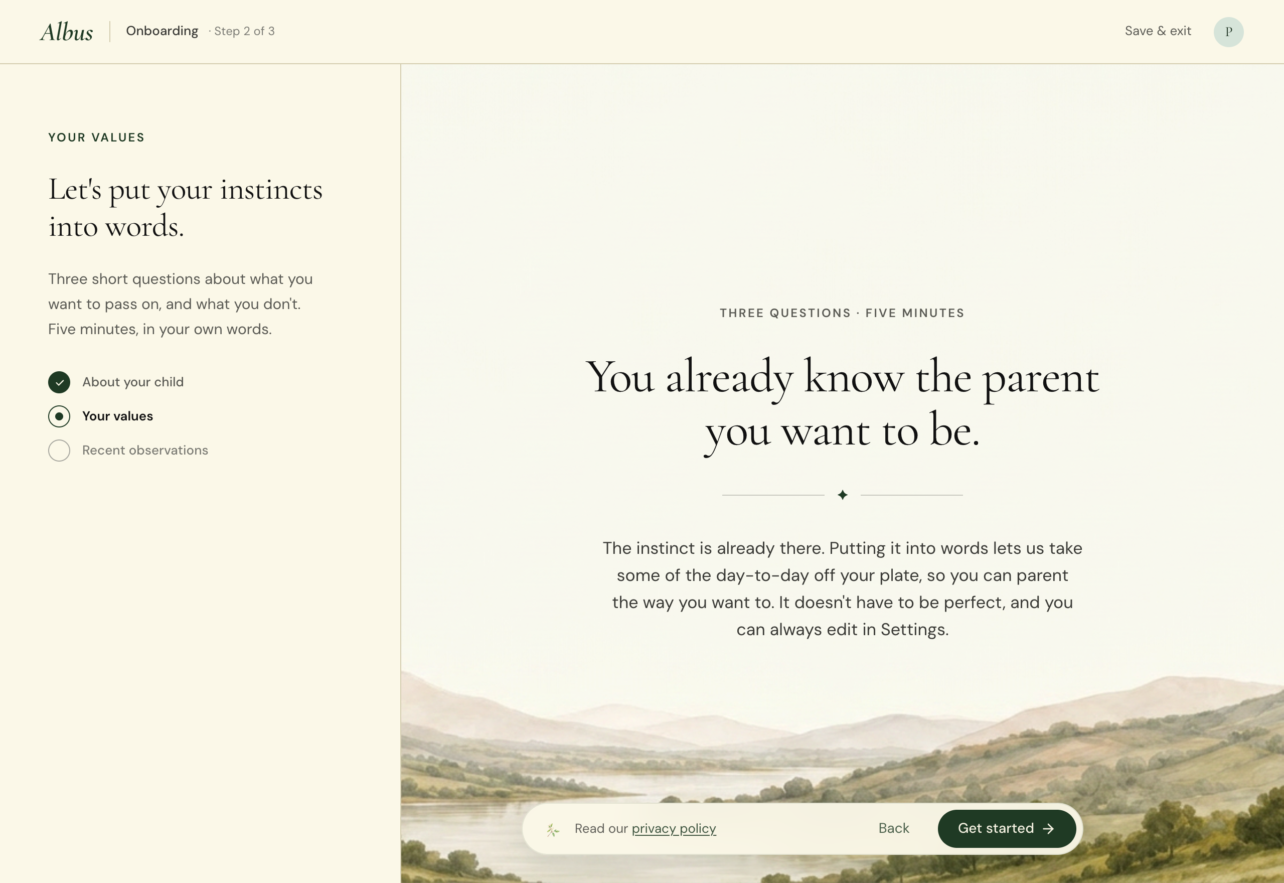 The Albus values intro screen showing the headline "You already know the parent you want to be" and a short paragraph inviting the parent to share their values in their own words