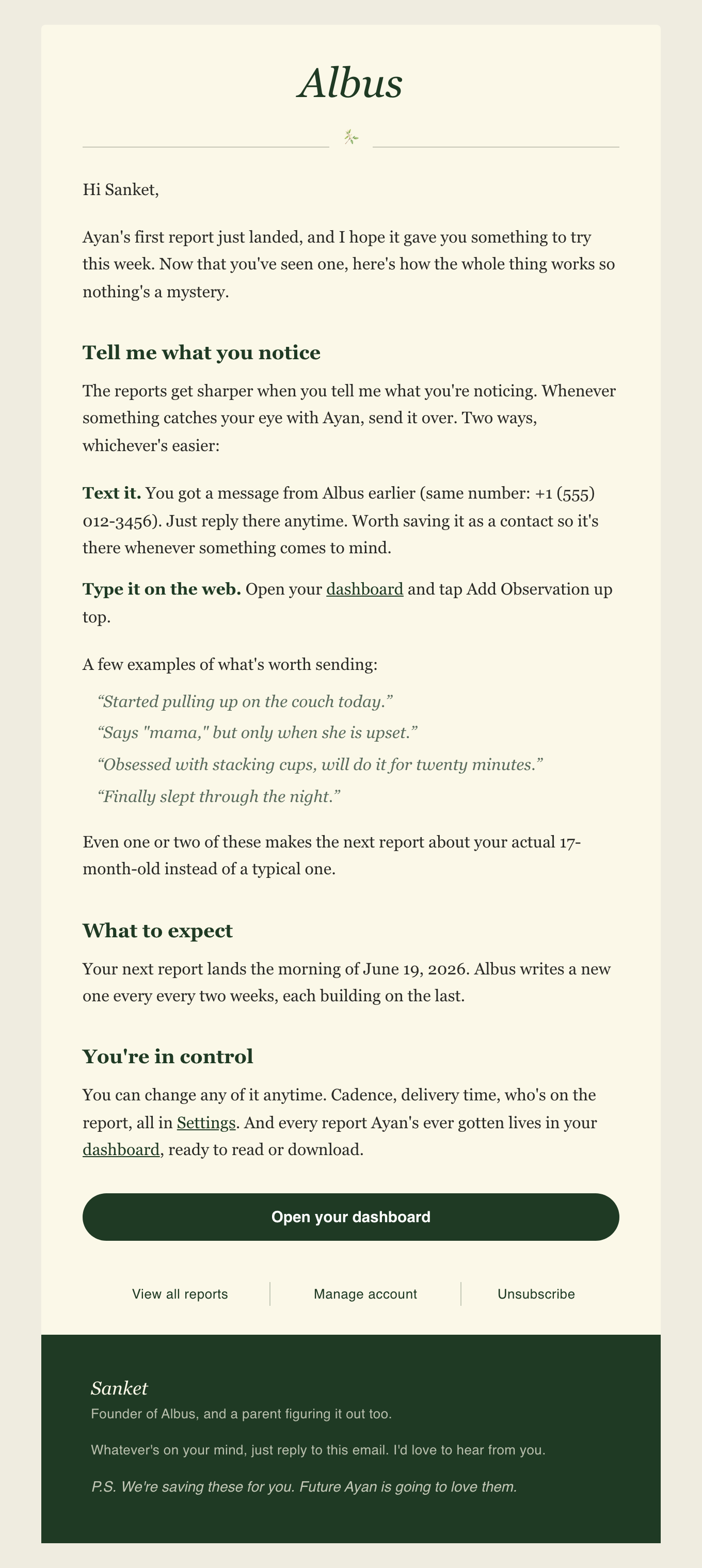 A welcome email from Albus after the first report, explaining how to send observations, when the next report comes, and how to manage your account
