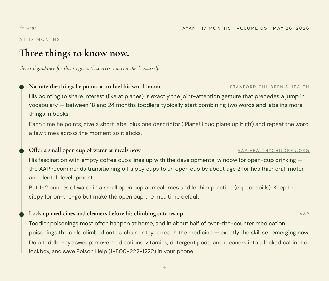 The 'At 17 months, three things to know now' section of a report, each item citing a trusted source