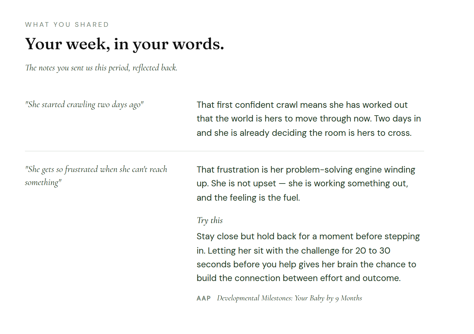 The 'What You Shared' section of a report showing an observation, a reflection, and below it a 'Try this' label in italic serif with an action text and an AAP citation
