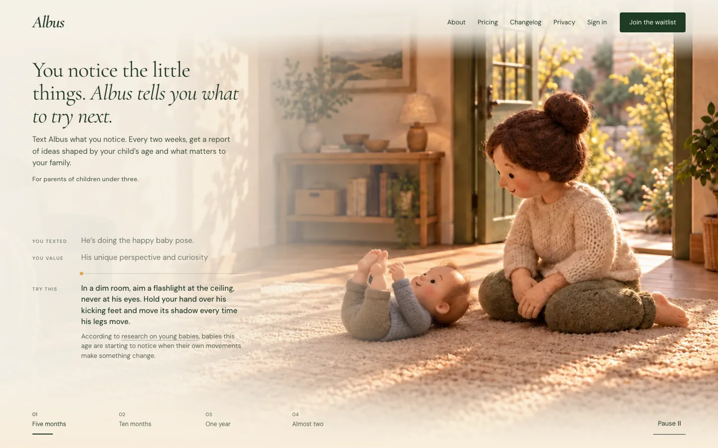 The new Albus home page: a sunlit living room with a parent and her baby, the headline "You notice the little things. Albus tells you what to try next." and, beside it, a parent's text, the value it serves, and the idea Albus suggested.