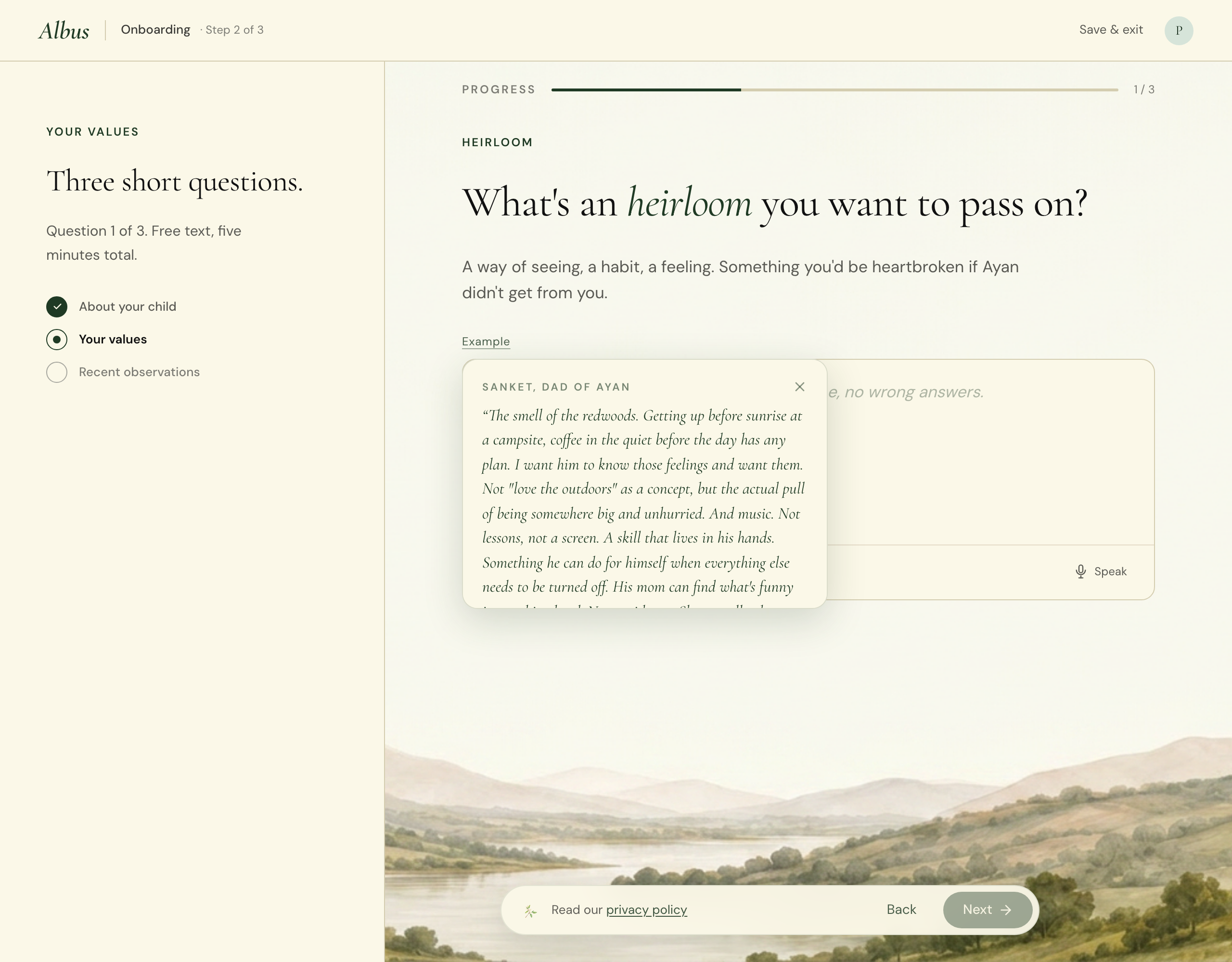 An onboarding question showing an example answer