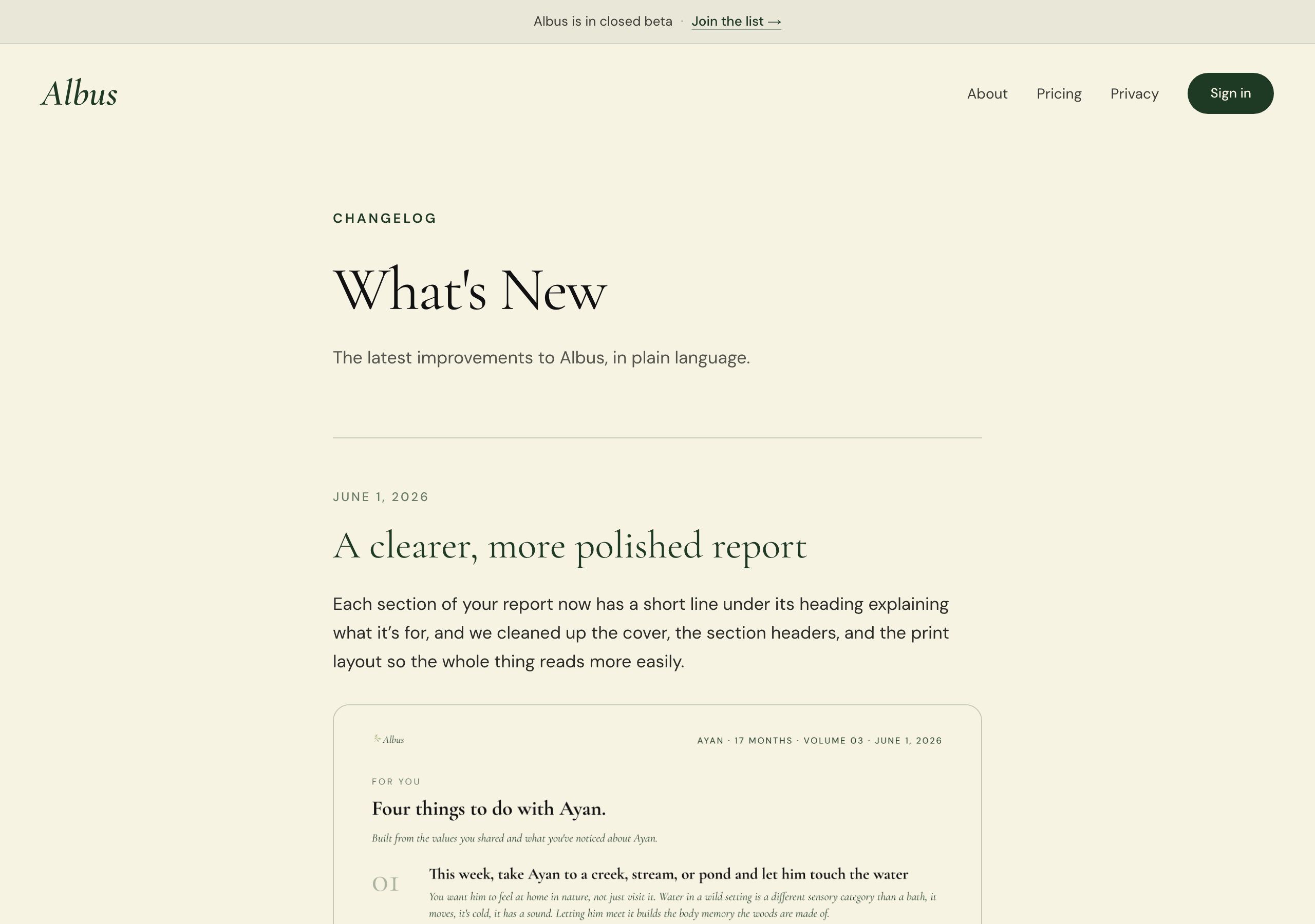The What's New page showing a reverse-chronological list of recent improvements to Albus